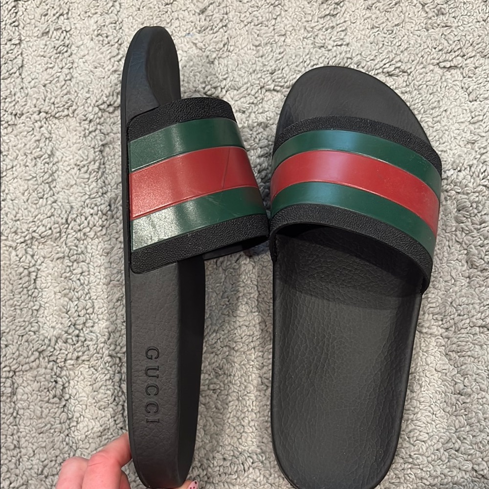 Gucci Black Slides with Green and Red Stripes